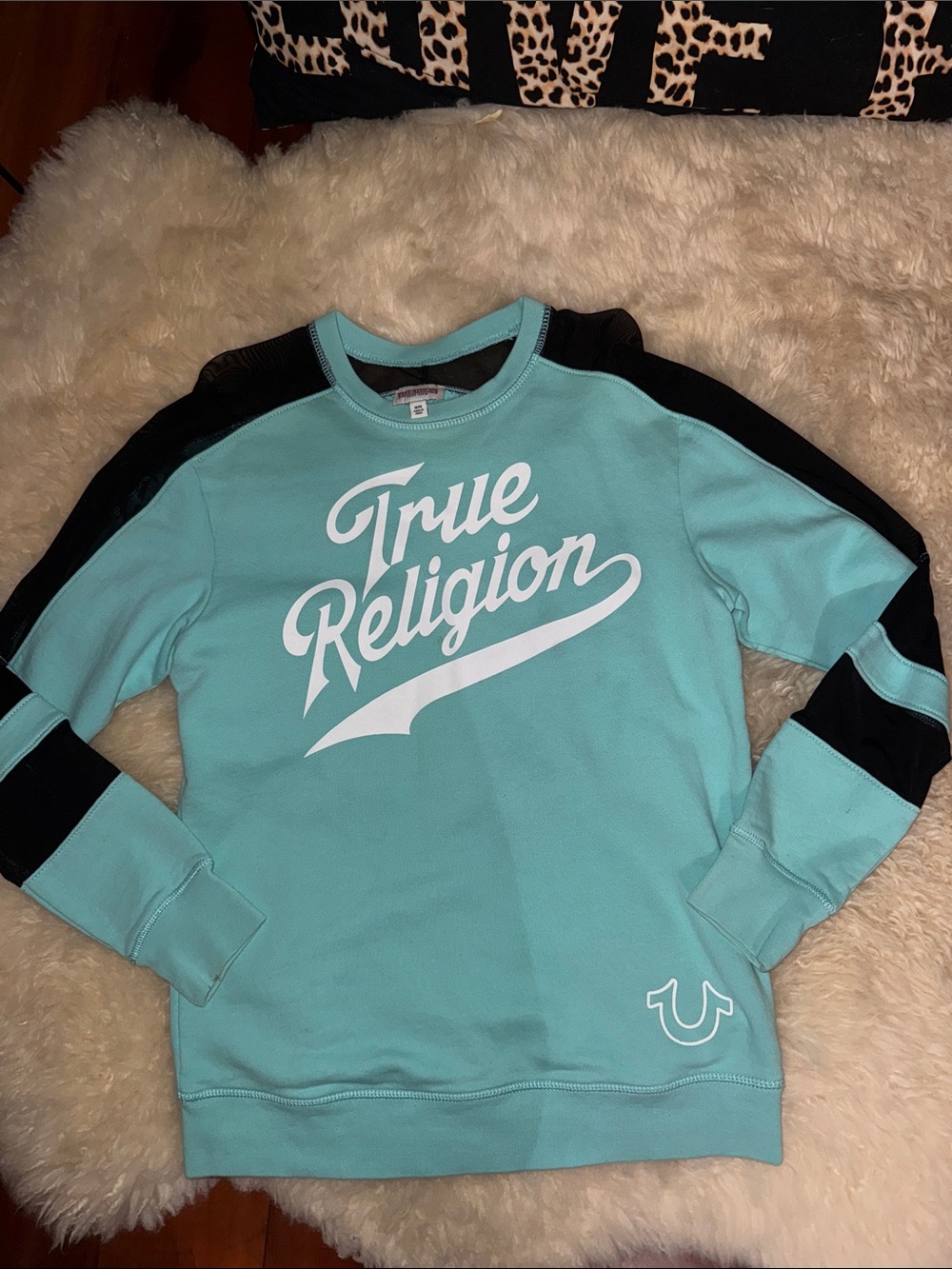 True Religion Aqua & Black Raglan Logo Sweatshirt Medium